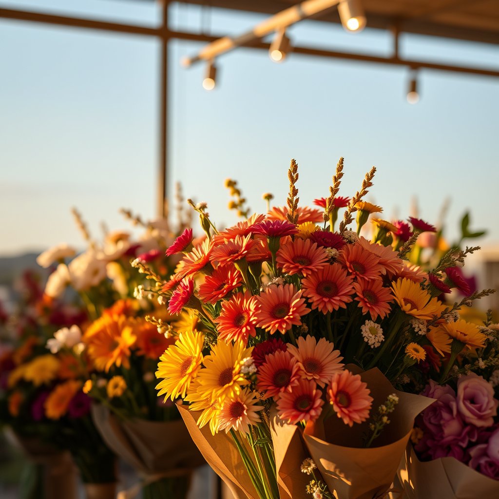 nature flower shop store bouquet display, golden hour lighting, warm tones, atmospheric, ultra realistic, crisp details, studio quality