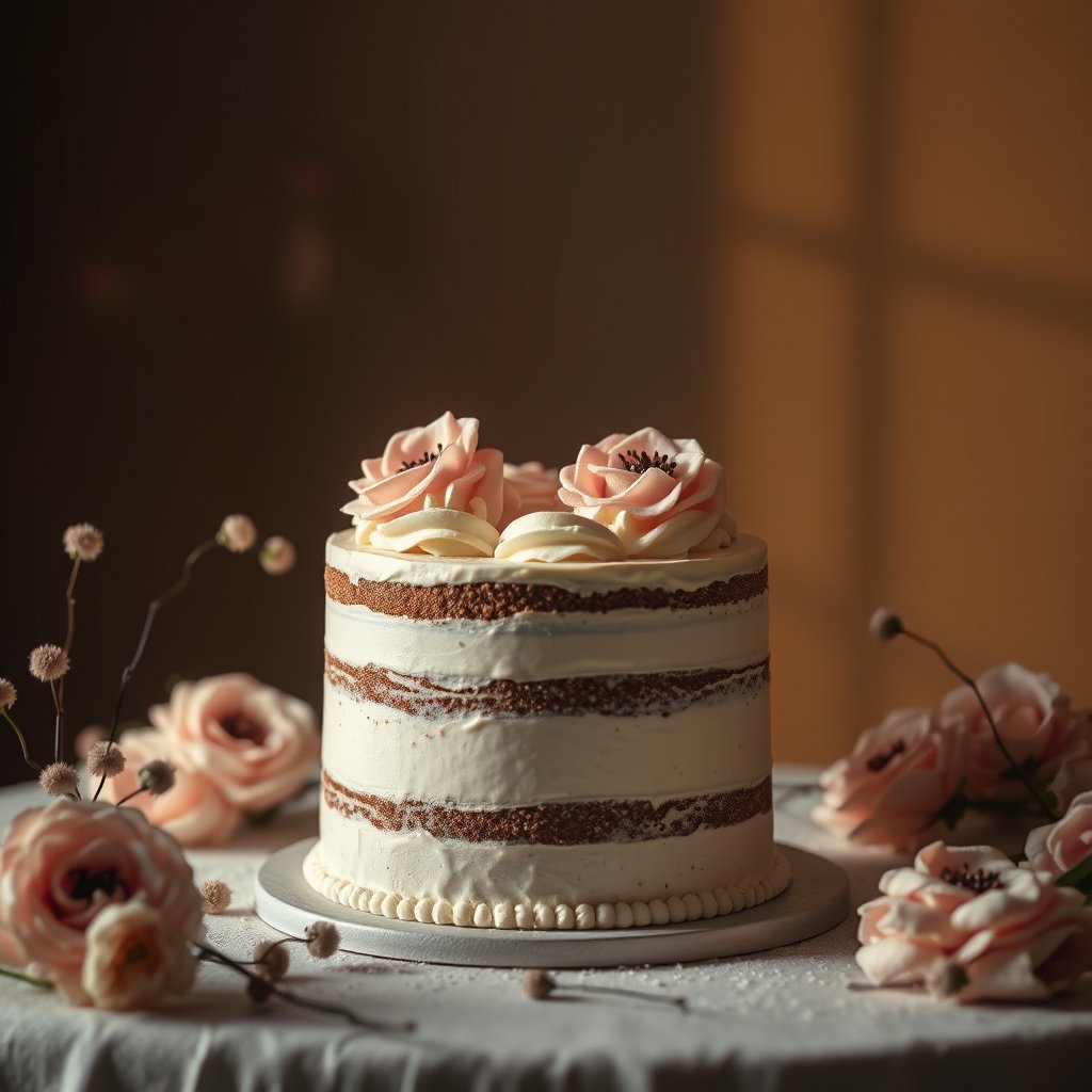 I cell cakes. cakes to be in center of the frame so that when i adjust the size, cake is visible, golden hour lighting, warm tones, atmospheric