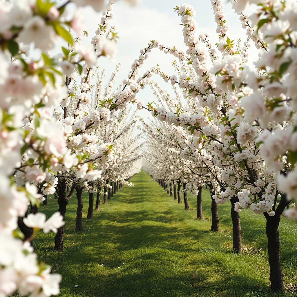 An orchard, bright and airy, pastel tones, dreamy aesthetic