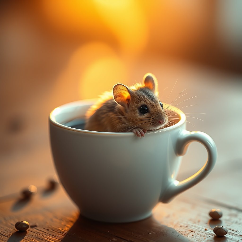 Mouse in a coffee cup, golden hour lighting, warm tones, atmospheric
