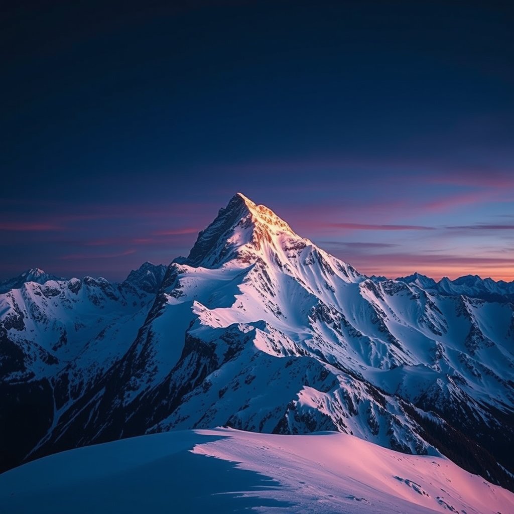 a snowy mountain peak with alpine glow at dusk, cinematic lighting, vibrant colors, dramatic atmosphere