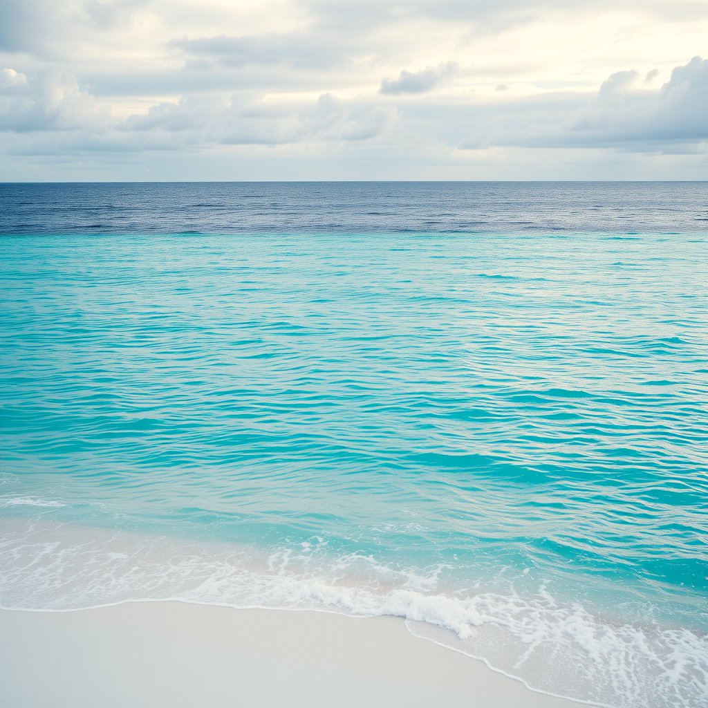 a calm ocean beach with turquoise water and white sand, cinematic lighting, vibrant colors, dramatic atmosphere
