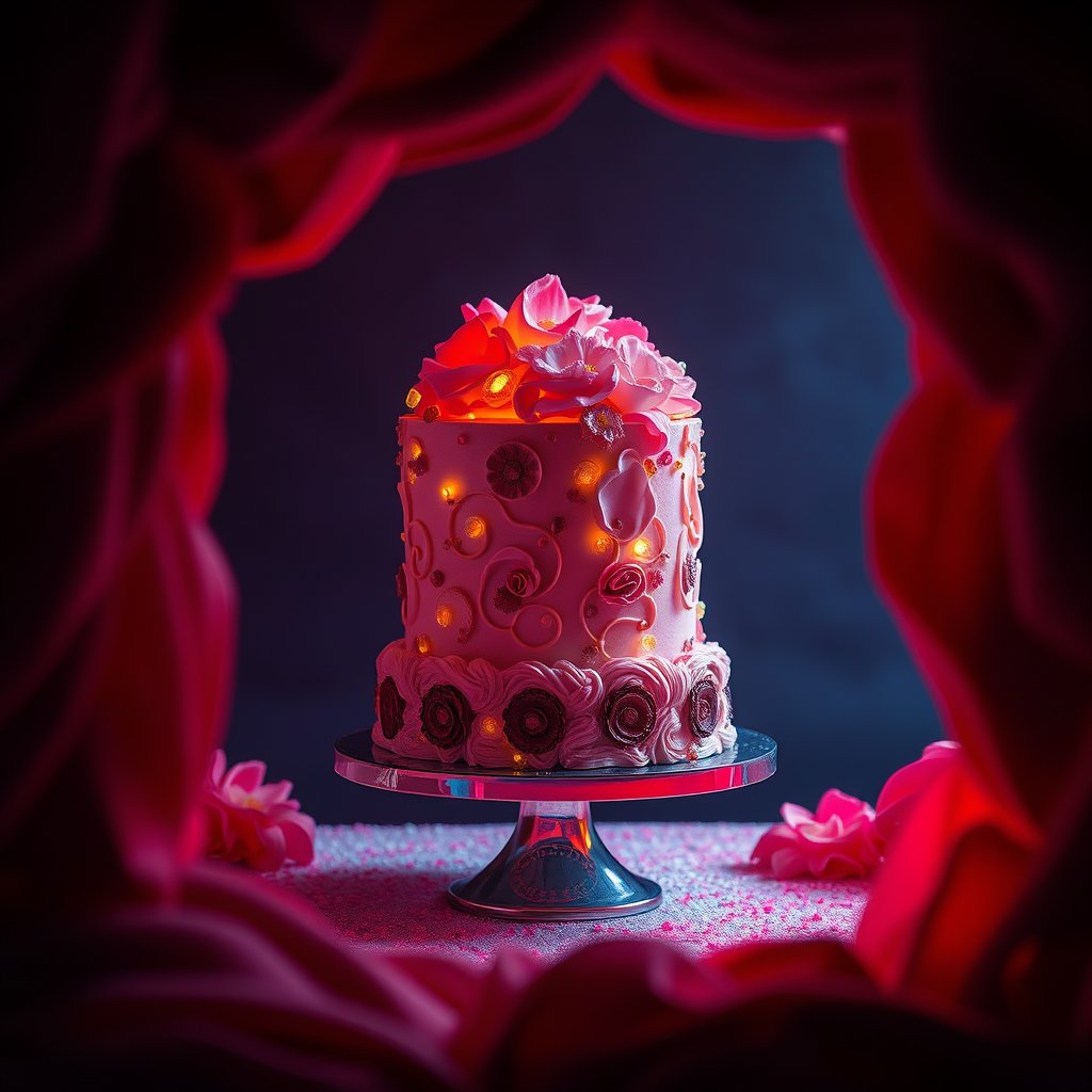 I cell cakes. cakes to be in center of the frame so that when i adjust the size, cake is visible, cinematic lighting, vibrant colors, dramatic atmosphere