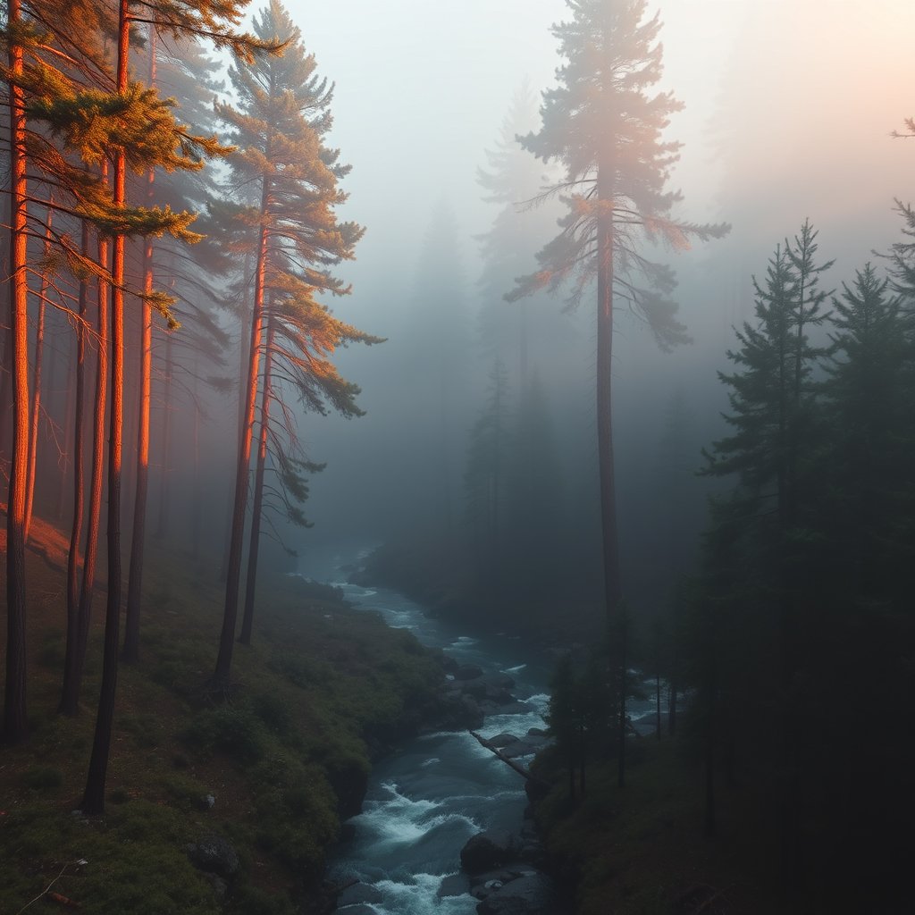 a misty pine forest with a winding river, cinematic lighting, vibrant colors, dramatic atmosphere