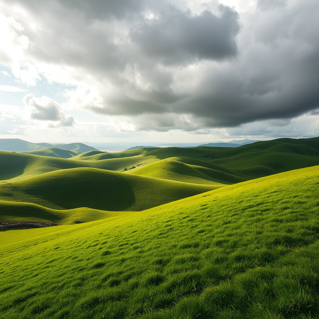 rolling green hills under a dramatic cloudy sky, ultra realistic, crisp details, studio quality