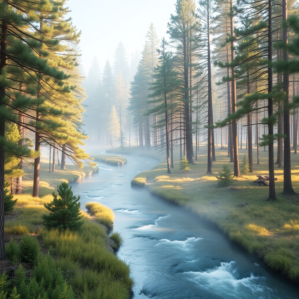 a misty pine forest with a winding river, bright and airy, pastel tones, dreamy aesthetic