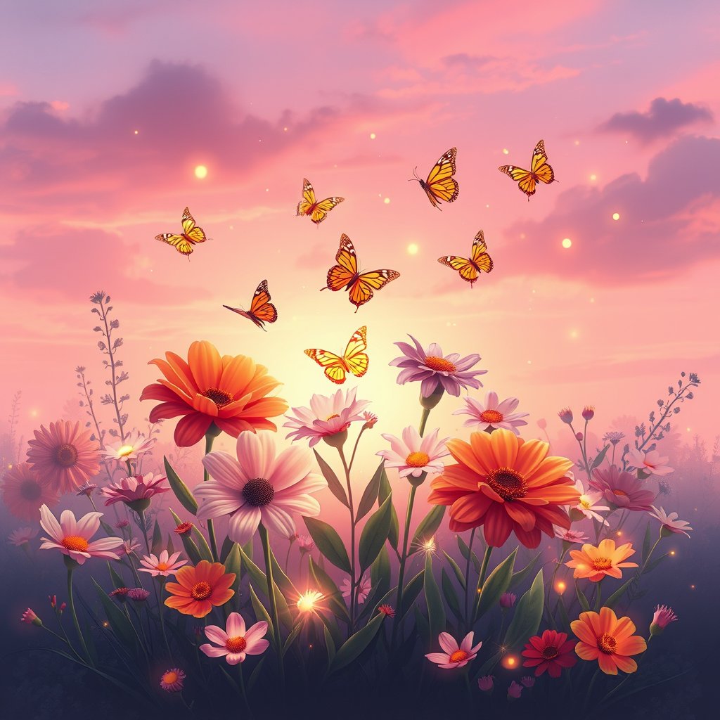 A beautiful fantasy garden symbolizing friendship, several colorful flowers blooming together, butterflies flying around, warm sunset light, glowing fireflies, soft pink and purple sky, peaceful and emotional atmosphere, whimsical digital painting, highly detailed, magical realism, 4K, minimalist composition, clean background, elegant