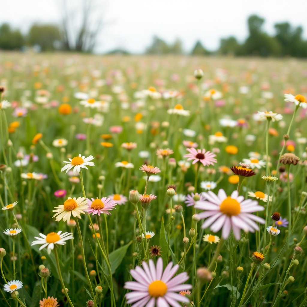 a field of wildflowers in full bloom, meadow at spring, minimalist composition, clean background, elegant