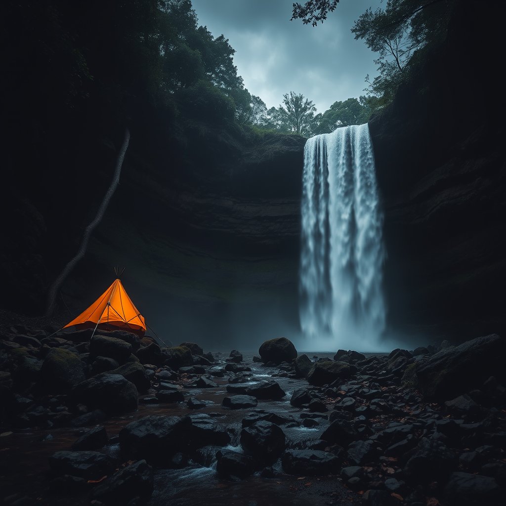 water fall in coorg with camp, moody lighting, high contrast, fine art photography