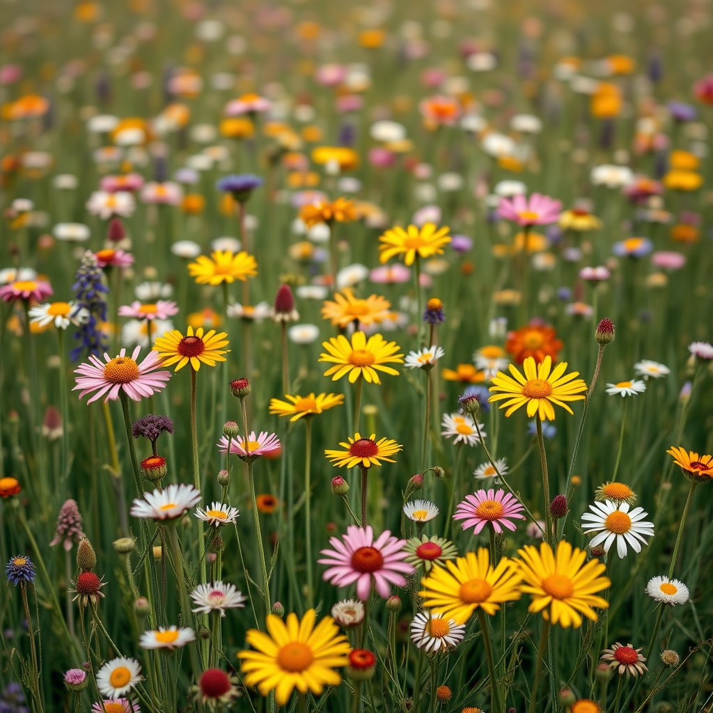 a field of wildflowers in full bloom, meadow at spring, ultra realistic, crisp details, studio quality