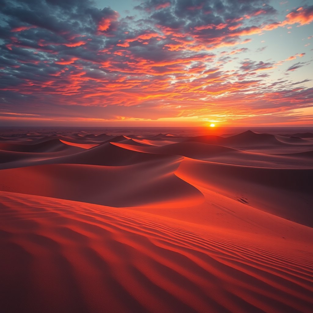 a desert landscape with sand dunes at golden hour, cinematic lighting, vibrant colors, dramatic atmosphere