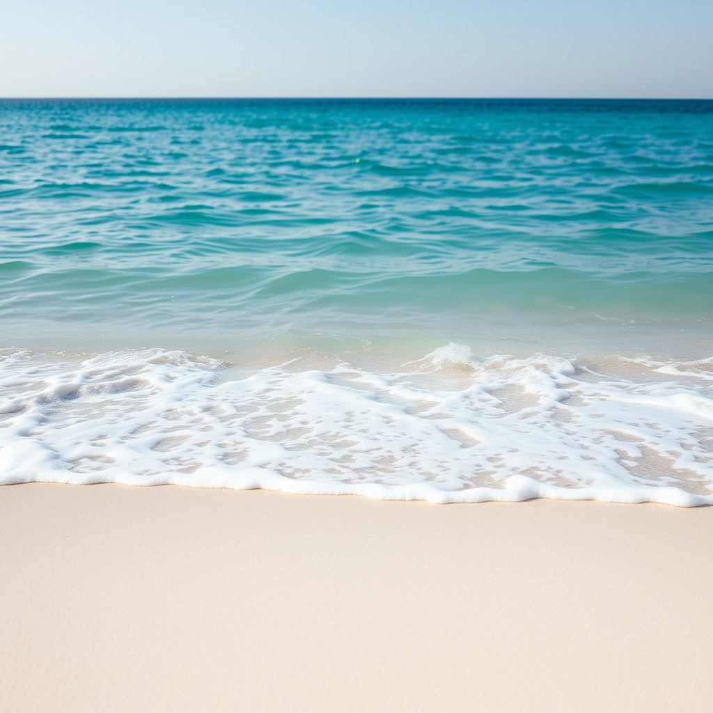 a calm ocean beach with turquoise water and white sand, highly detailed, 8k, professional photography, sharp focus
