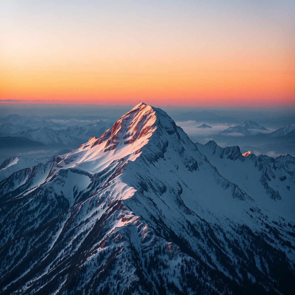 a snowy mountain peak with alpine glow at dusk, golden hour lighting, warm tones, atmospheric