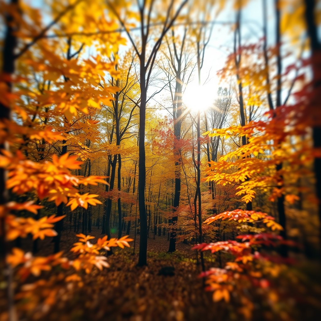 autumn forest with golden and red leaves, sun rays through trees, soft natural light, shallow depth of field, bokeh