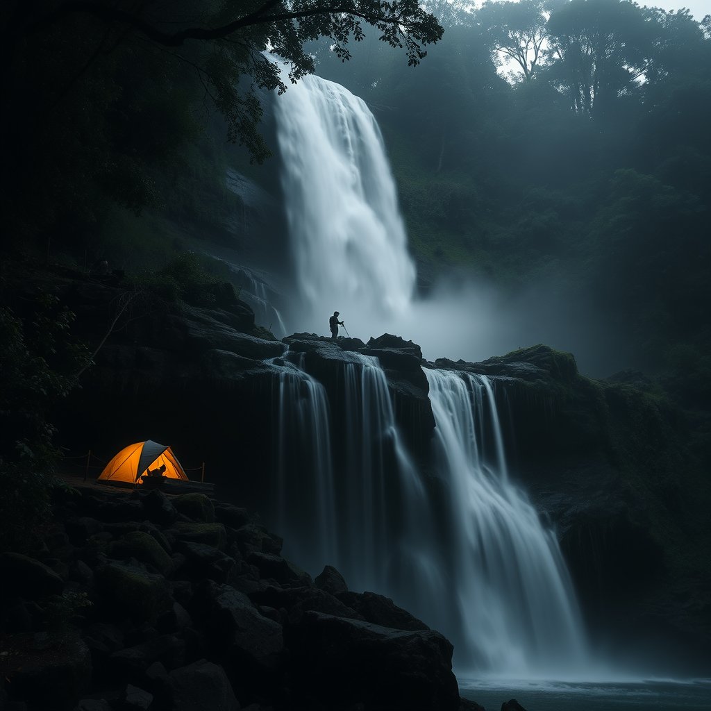 water fall in coorg with camp. 16:9 aspect ratio, moody lighting, high contrast, fine art photography