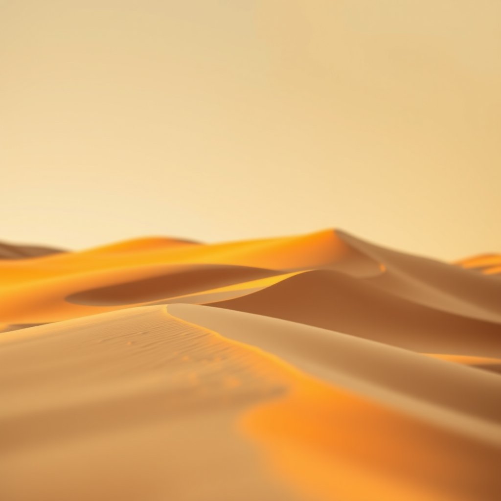 a desert landscape with sand dunes at golden hour, soft natural light, shallow depth of field, bokeh