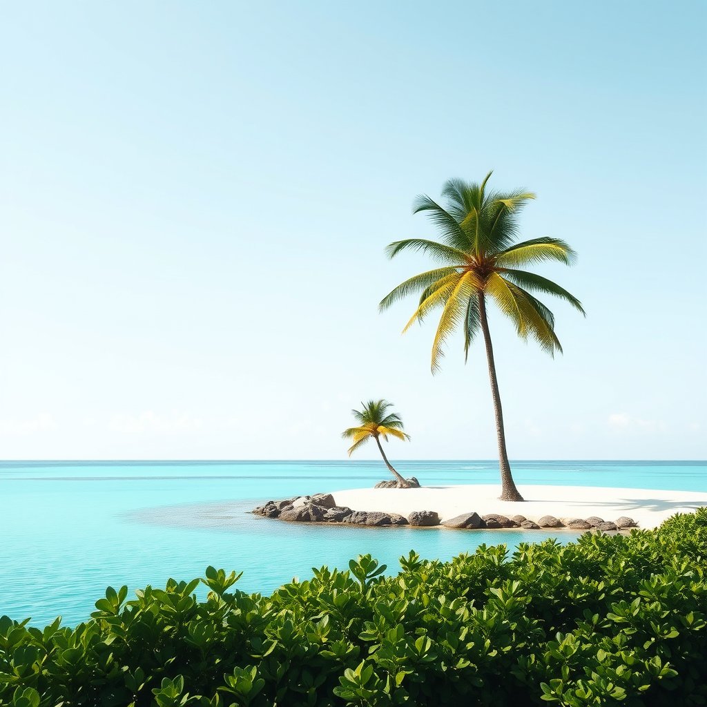 a tropical island with palm trees and clear lagoon, minimalist composition, clean background, elegant