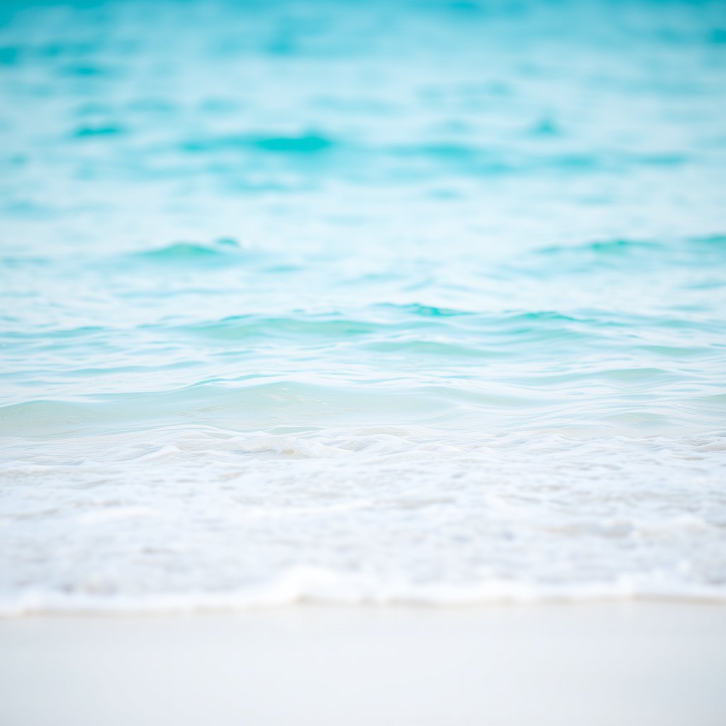a calm ocean beach with turquoise water and white sand, soft natural light, shallow depth of field, bokeh