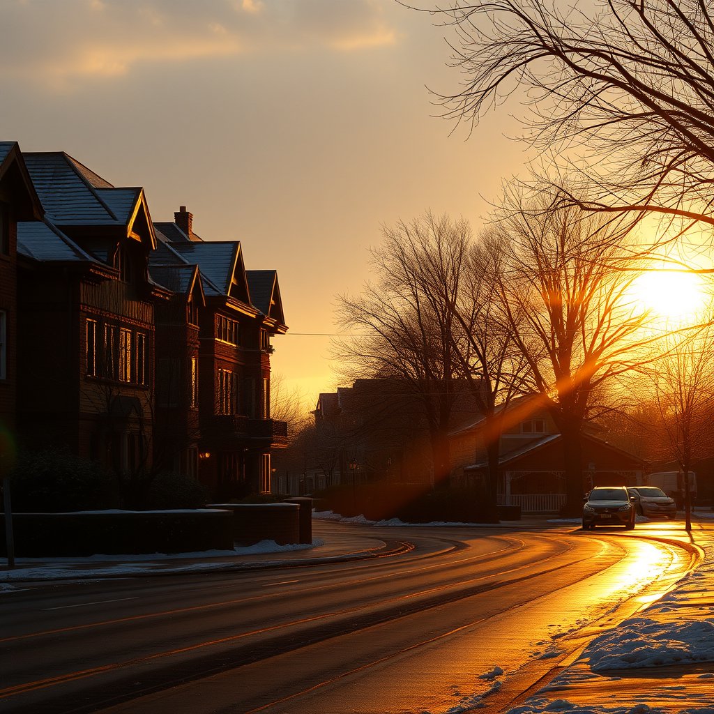 imagen que represente el invierno, golden hour lighting, warm tones, atmospheric