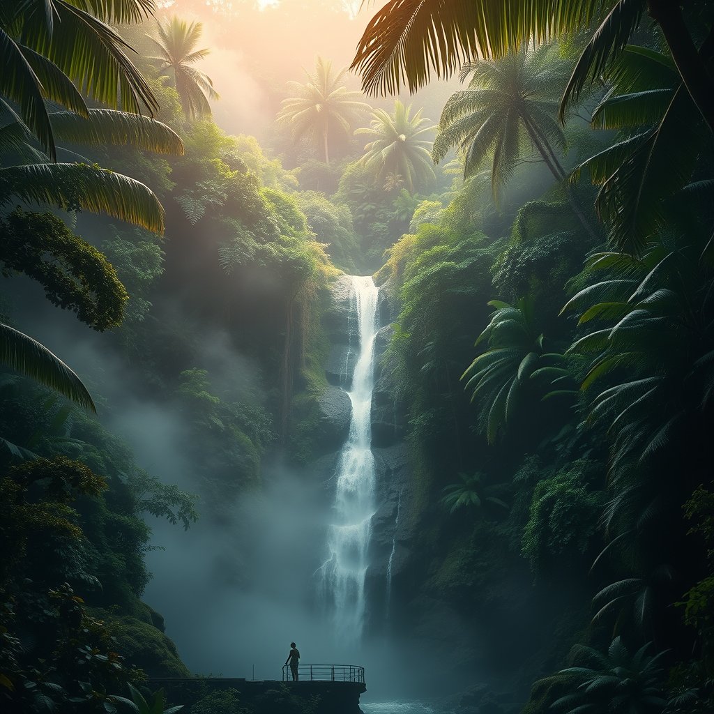 a lush tropical rainforest with a waterfall and mist, cinematic lighting, vibrant colors, dramatic atmosphere