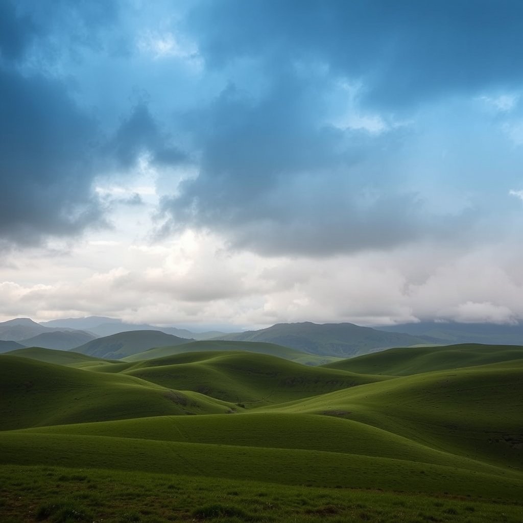rolling green hills under a dramatic cloudy sky, moody lighting, high contrast, fine art photography