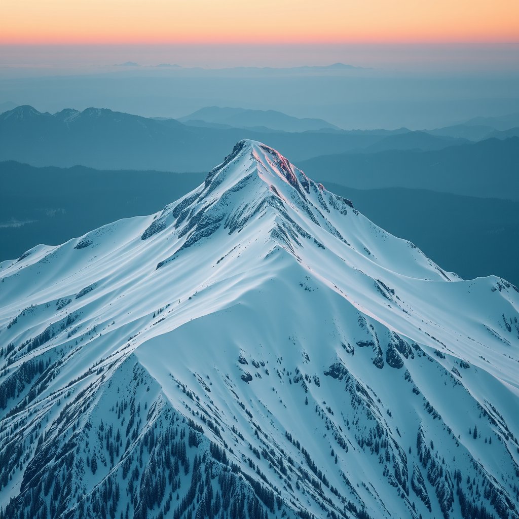 a snowy mountain peak with alpine glow at dusk, minimalist composition, clean background, elegant