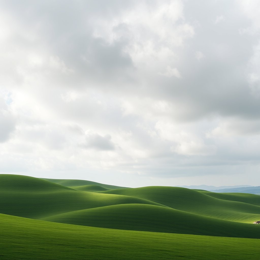 rolling green hills under a dramatic cloudy sky, minimalist composition, clean background, elegant