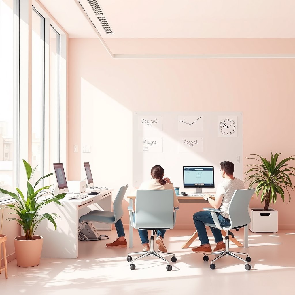 "Programadores trabajando", bright and airy, pastel tones, dreamy aesthetic