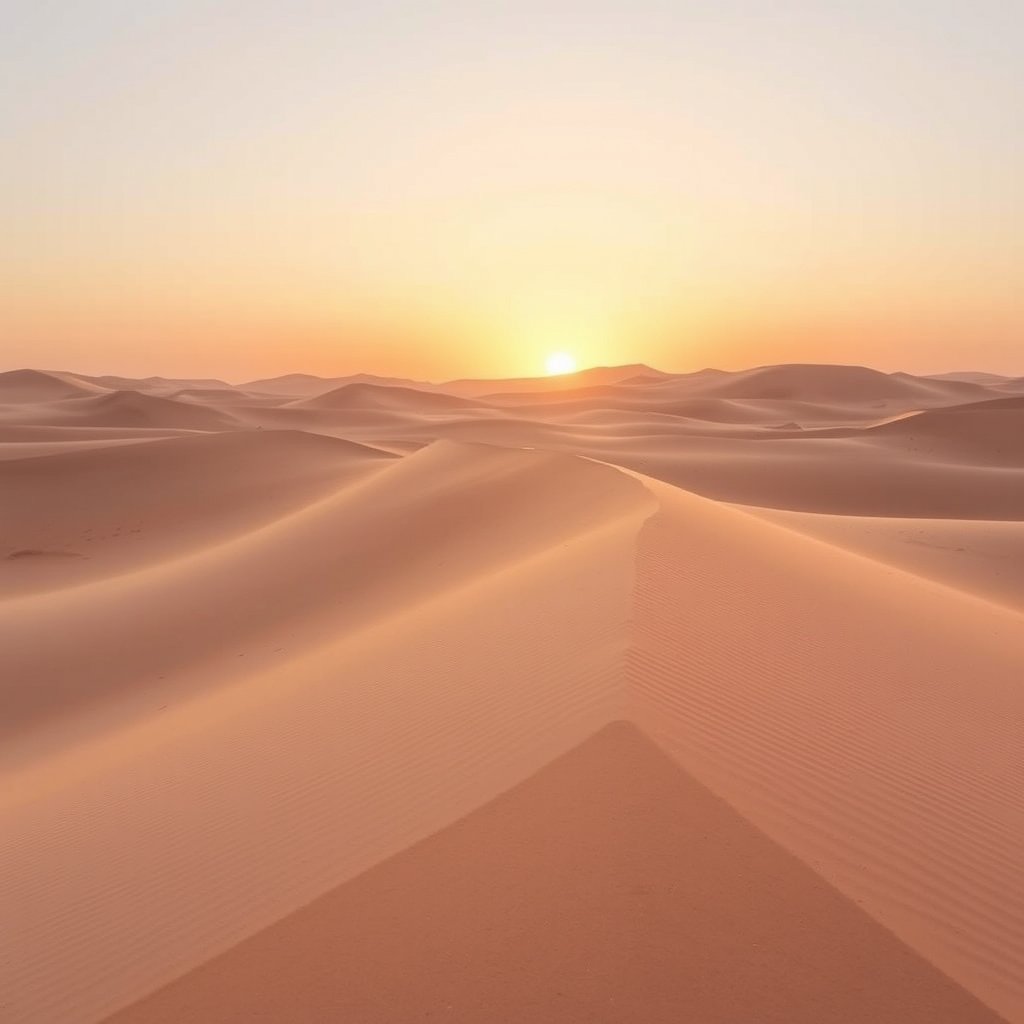 a desert landscape with sand dunes at golden hour, bright and airy, pastel tones, dreamy aesthetic