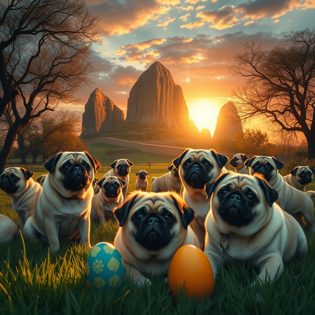 easter island with pugs around, golden hour lighting, warm tones, atmospheric