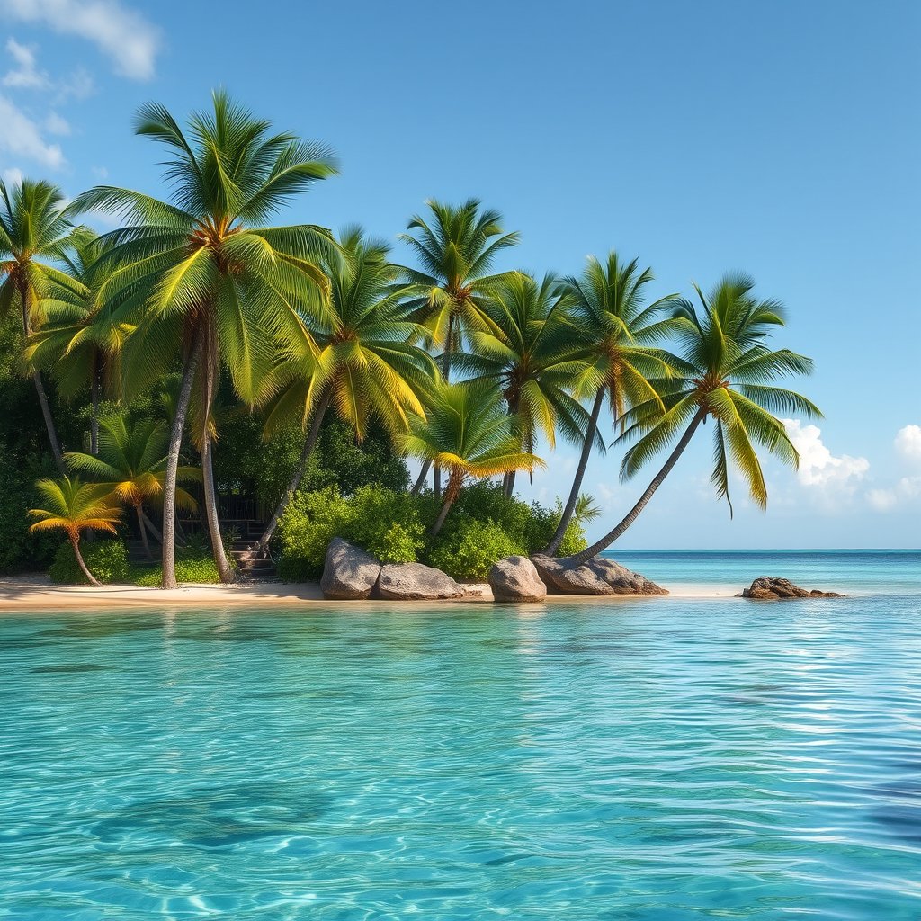 a tropical island with palm trees and clear lagoon, ultra realistic, crisp details, studio quality