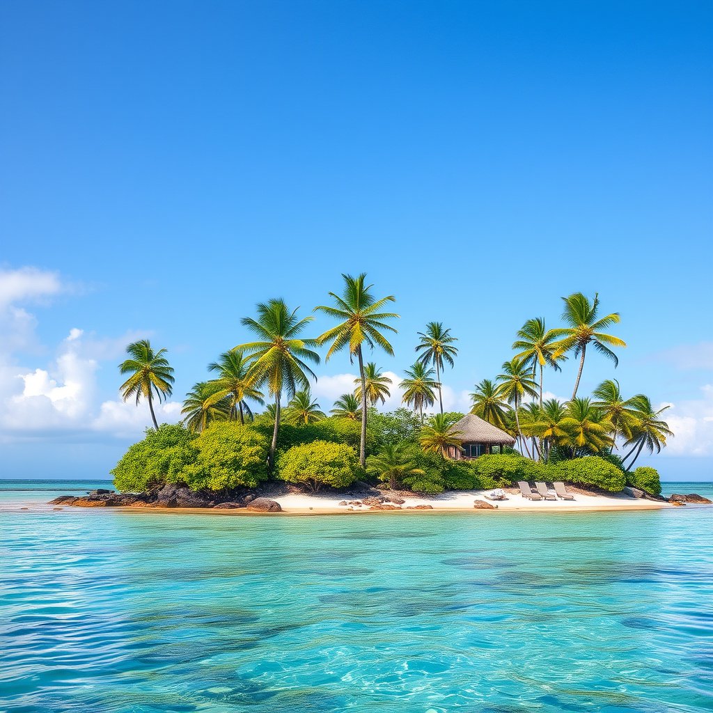 a tropical island with palm trees and clear lagoon, highly detailed, 8k, professional photography, sharp focus