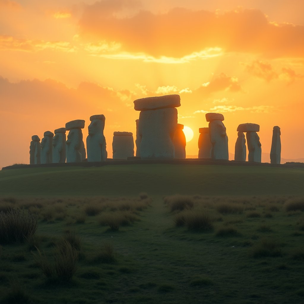 easter island, golden hour lighting, warm tones, atmospheric