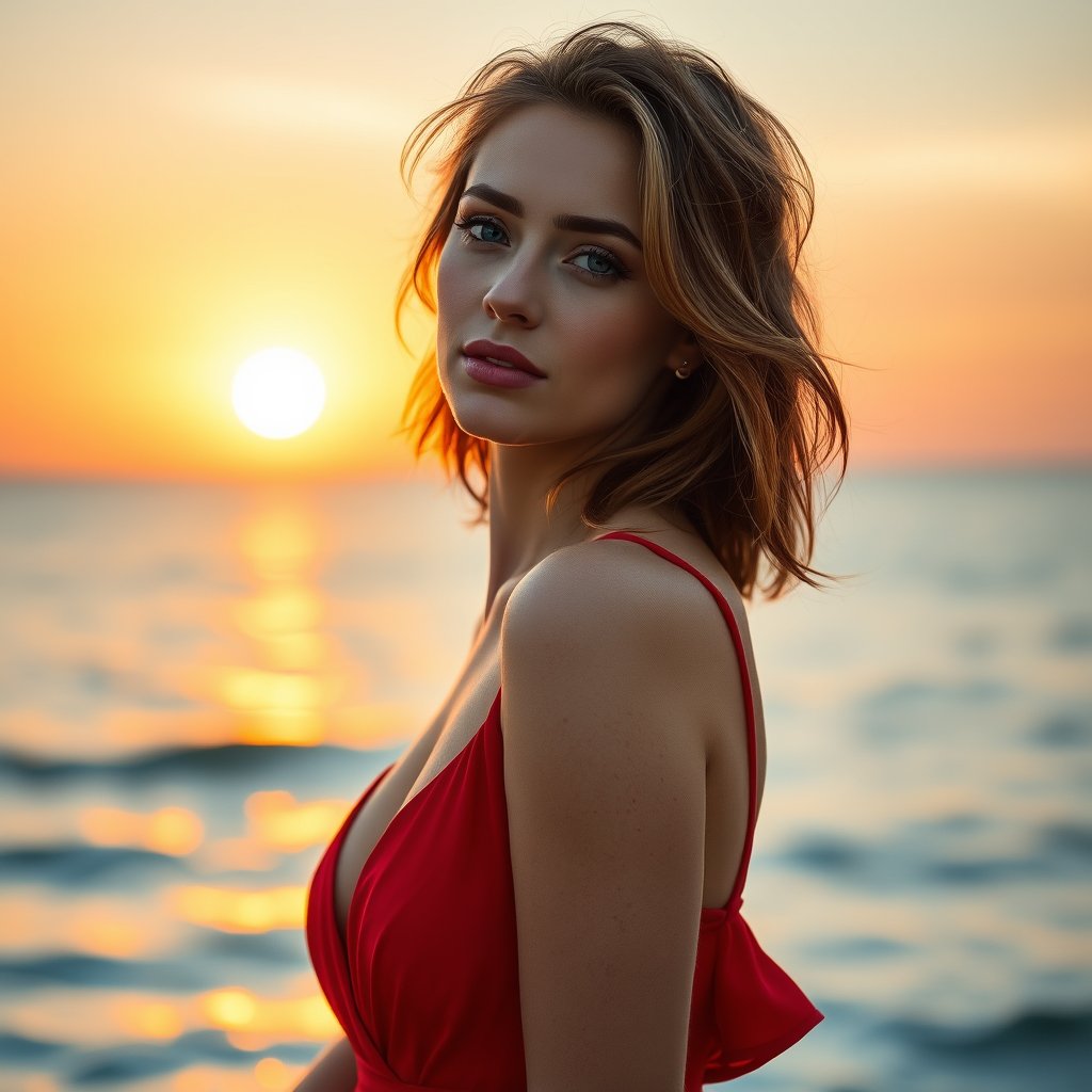 A beautiful 25-year-old adult woman posing beside the sea, wearing a short red summer dress with an elegant plunging neckline, subtly seductive expression, natural makeup, softly tousled hair, warm sunset lighting, ocean reflections, shallow depth of field, dreamy bokeh, luxury editorial photography, realistic proportions, photorealistic, ultra-detailed, golden hour lighting, warm tones, atmospheric