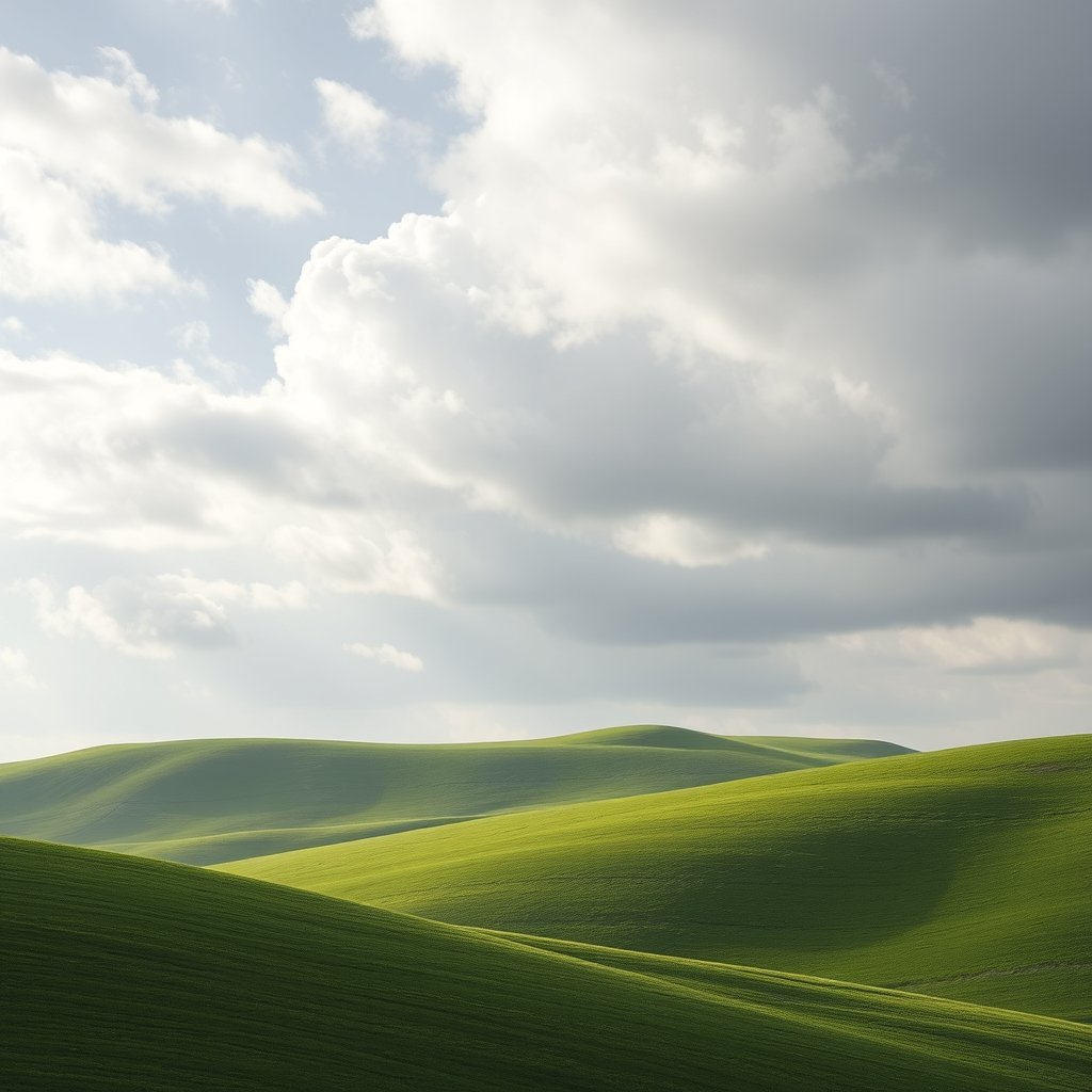 rolling green hills under a dramatic cloudy sky, minimalist composition, clean background, elegant