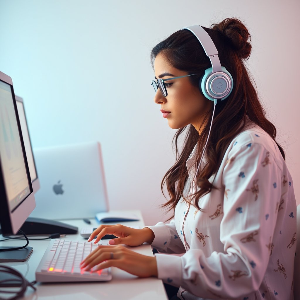 mujer programando con computadoras, bright and airy, pastel tones, dreamy aesthetic