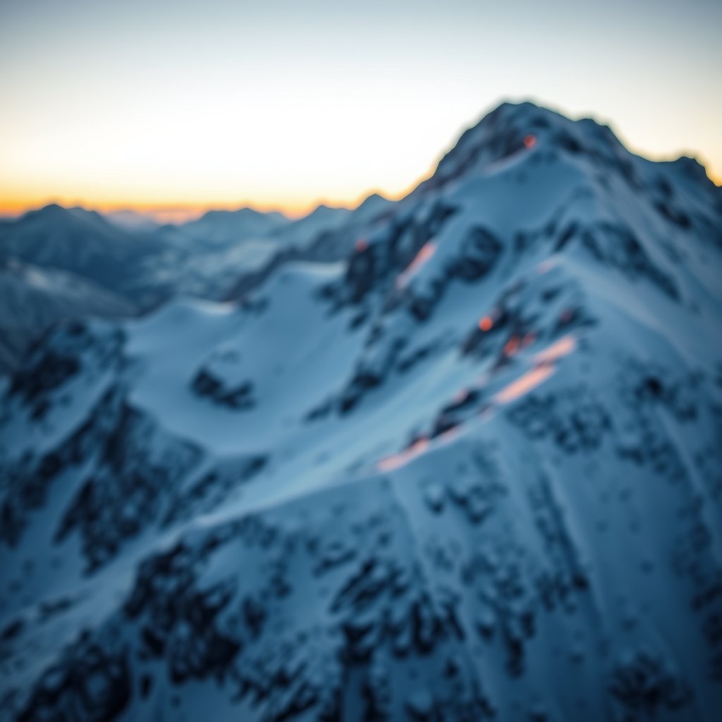 a snowy mountain peak with alpine glow at dusk, soft natural light, shallow depth of field, bokeh