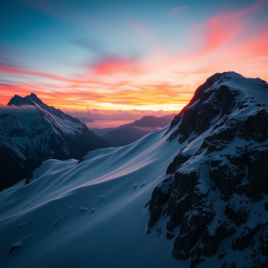 a snowy mountain peak with alpine glow at dusk, cinematic lighting, vibrant colors, dramatic atmosphere