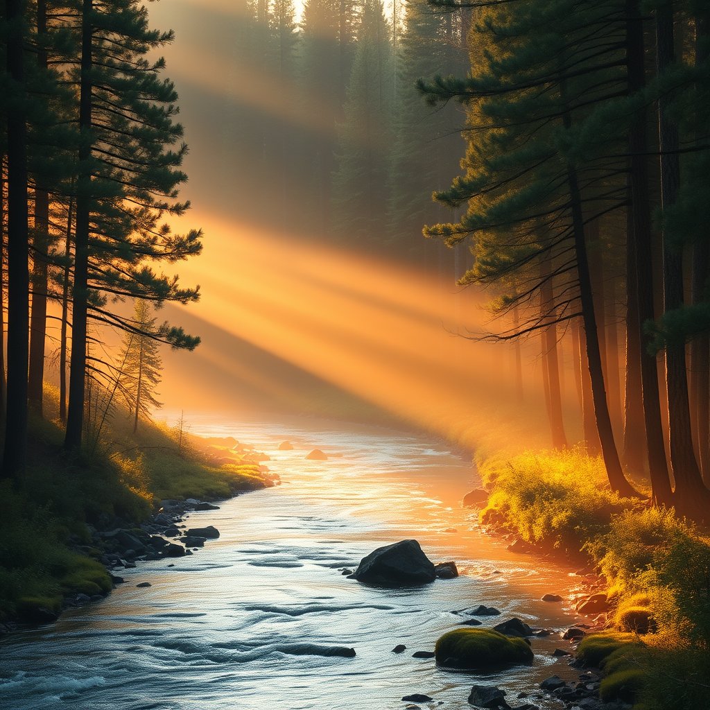 a misty pine forest with a winding river, golden hour lighting, warm tones, atmospheric