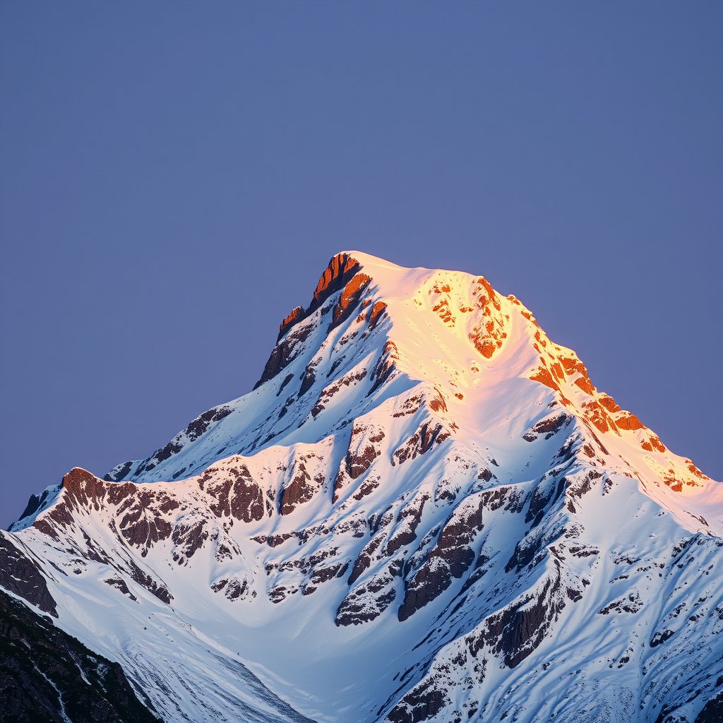 a snowy mountain peak with alpine glow at dusk, golden hour lighting, warm tones, atmospheric