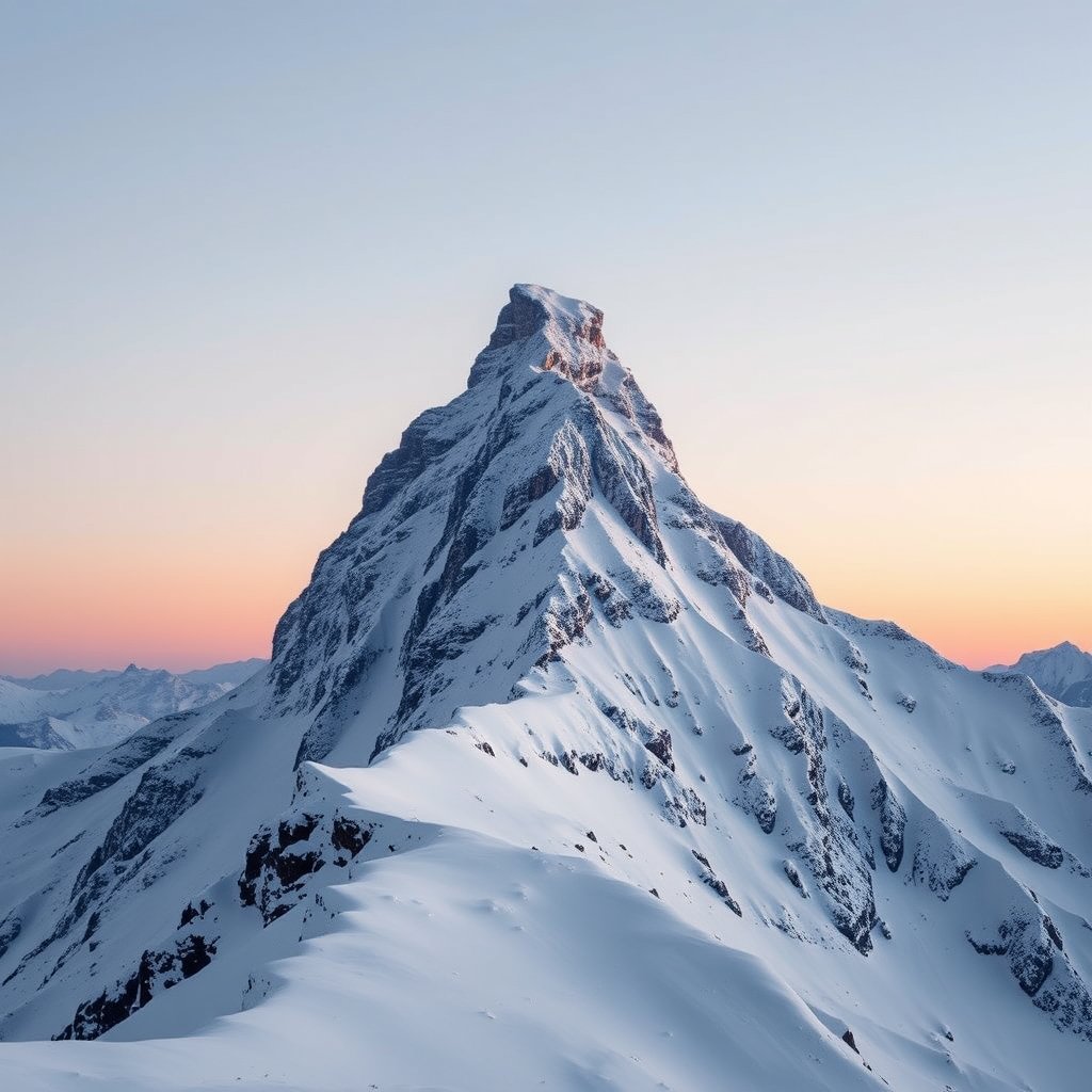 a snowy mountain peak with alpine glow at dusk, minimalist composition, clean background, elegant