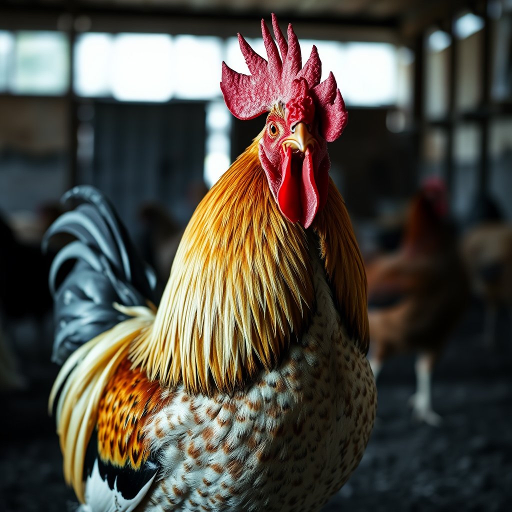 rooster in the farm, moody lighting, high contrast, fine art photography