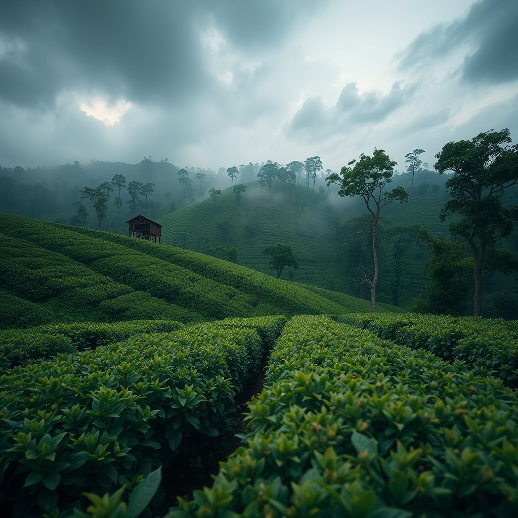 tea gradens, lesser sky, coorg. I want 16:9 asect ratio, moody lighting, high contrast, fine art photography