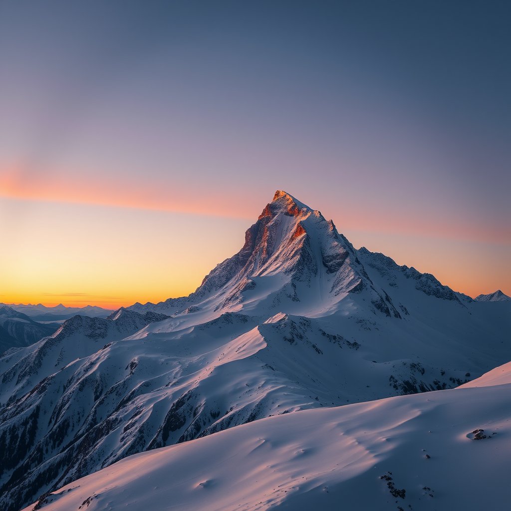 a snowy mountain peak with alpine glow at dusk, ultra realistic, crisp details, studio quality