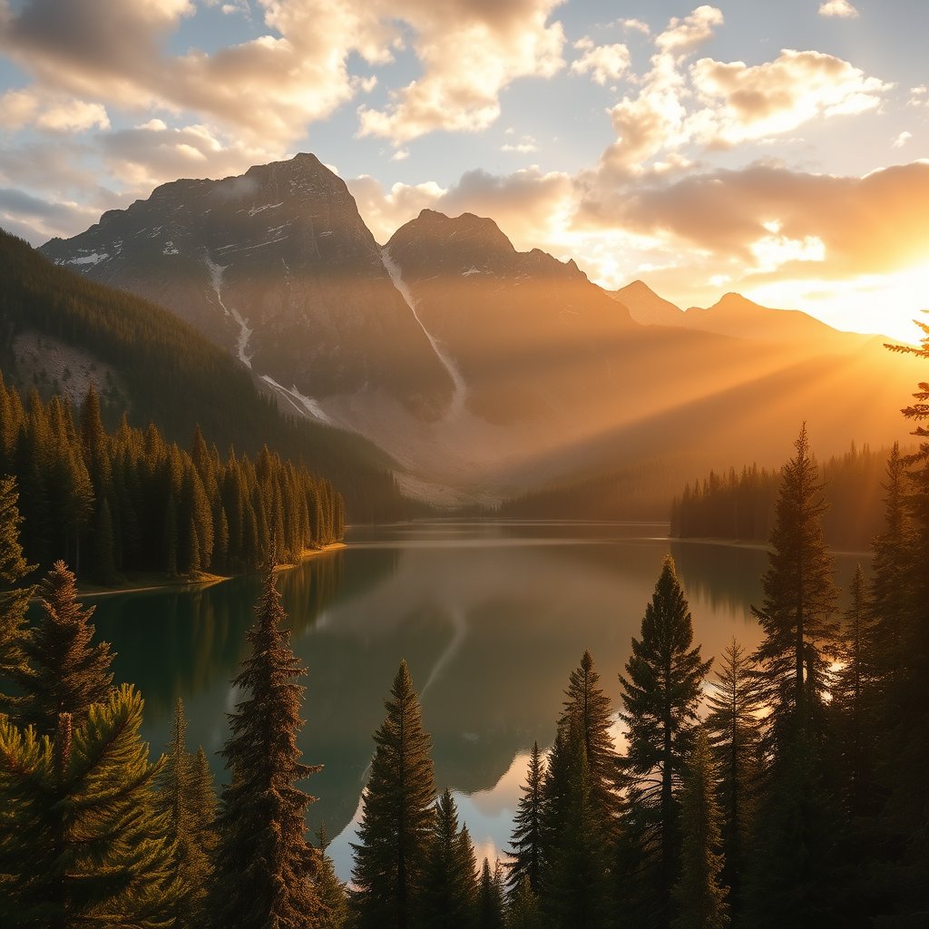 a serene mountain lake at sunrise surrounded by pine forests, golden hour lighting, warm tones, atmospheric