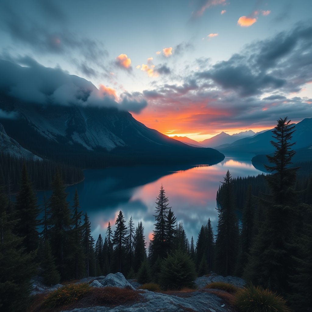 a serene mountain lake at sunrise surrounded by pine forests, cinematic lighting, vibrant colors, dramatic atmosphere