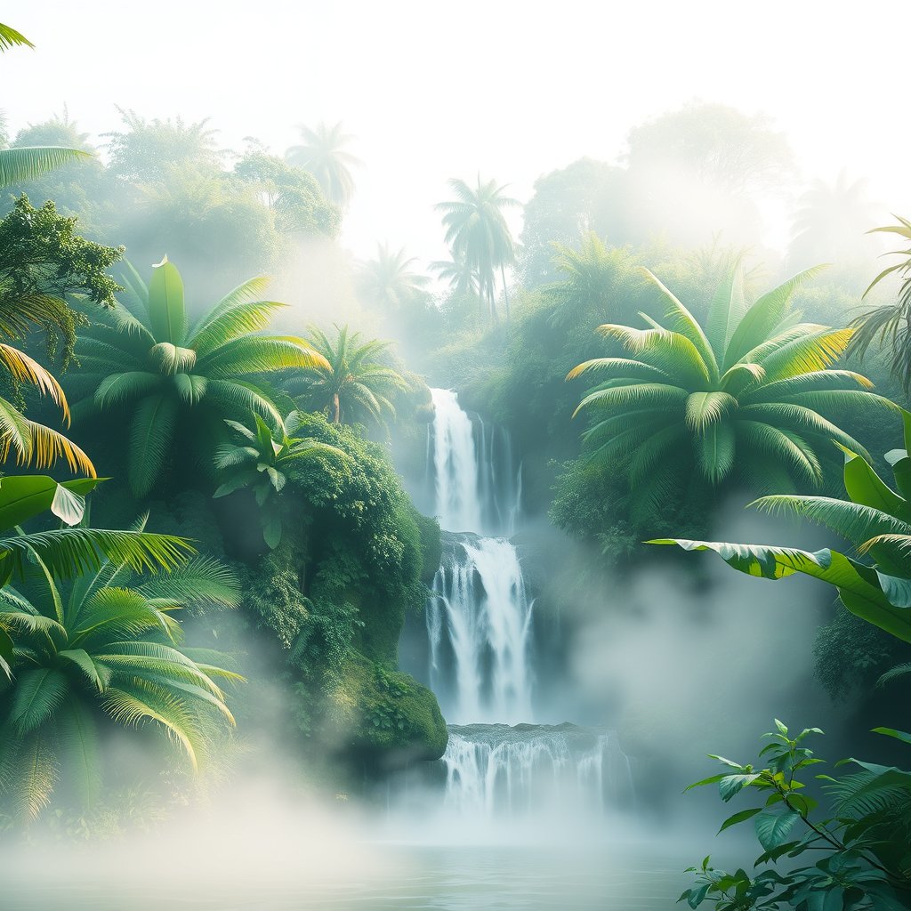 a lush tropical rainforest with a waterfall and mist, bright and airy, pastel tones, dreamy aesthetic