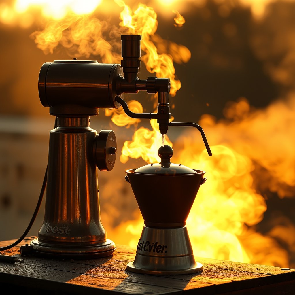 roaster, golden hour lighting, warm tones, atmospheric