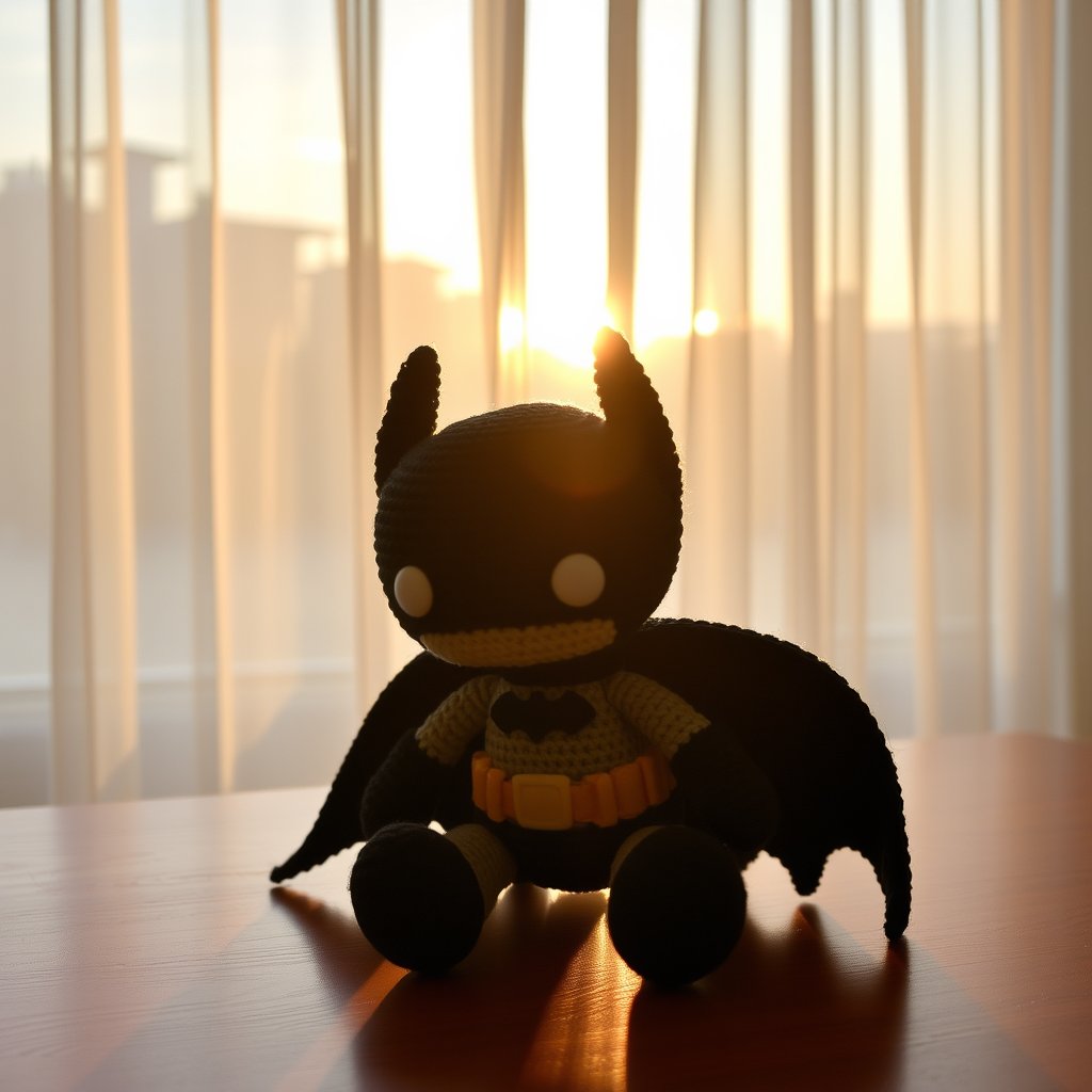 Batman crochet doll on the table in the afternoon behind curtains, golden hour lighting, warm tones, atmospheric