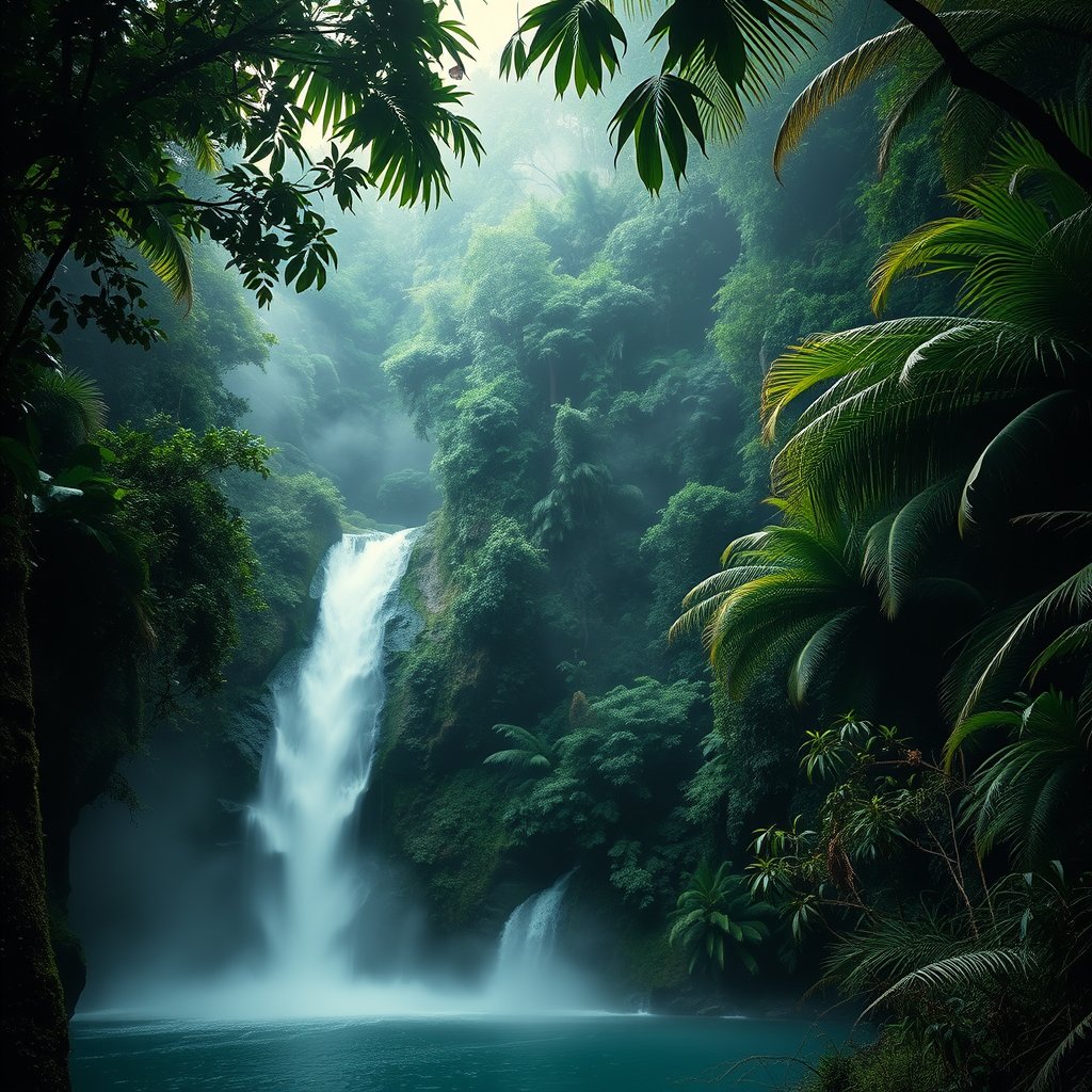 a lush tropical rainforest with a waterfall and mist, cinematic lighting, vibrant colors, dramatic atmosphere